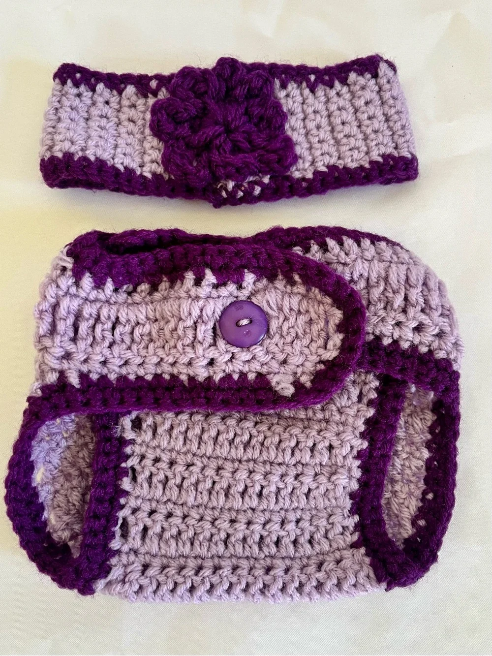 Hand‑Knit Baby Diaper Cover & Headband Lilac/Purple Newborn Photo Prop Soft Yarn